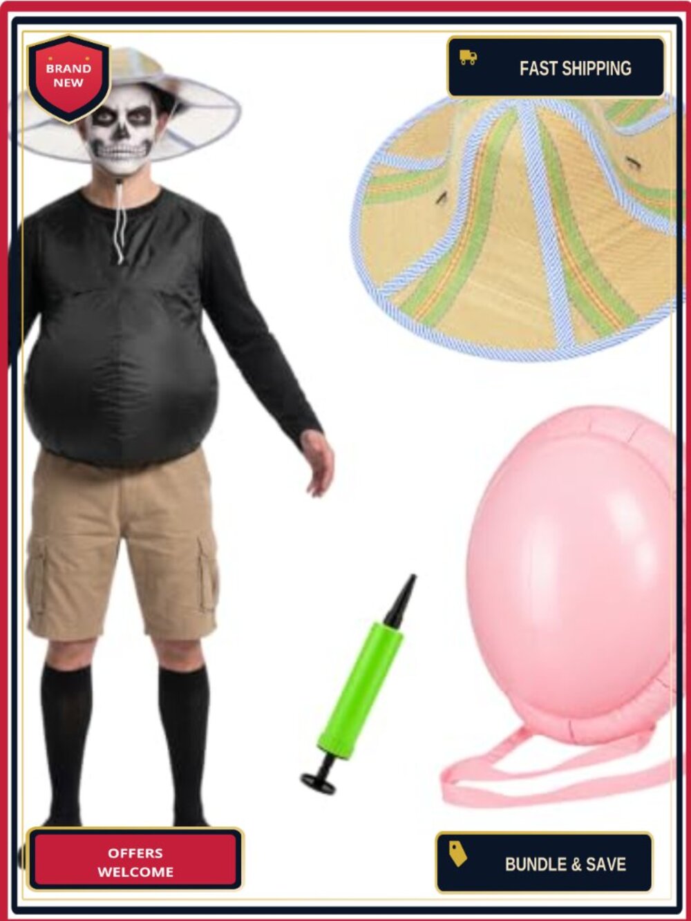 3 Pc Panda Costume Accessory Set Straw Hat Inflatable Belly Cosplay
